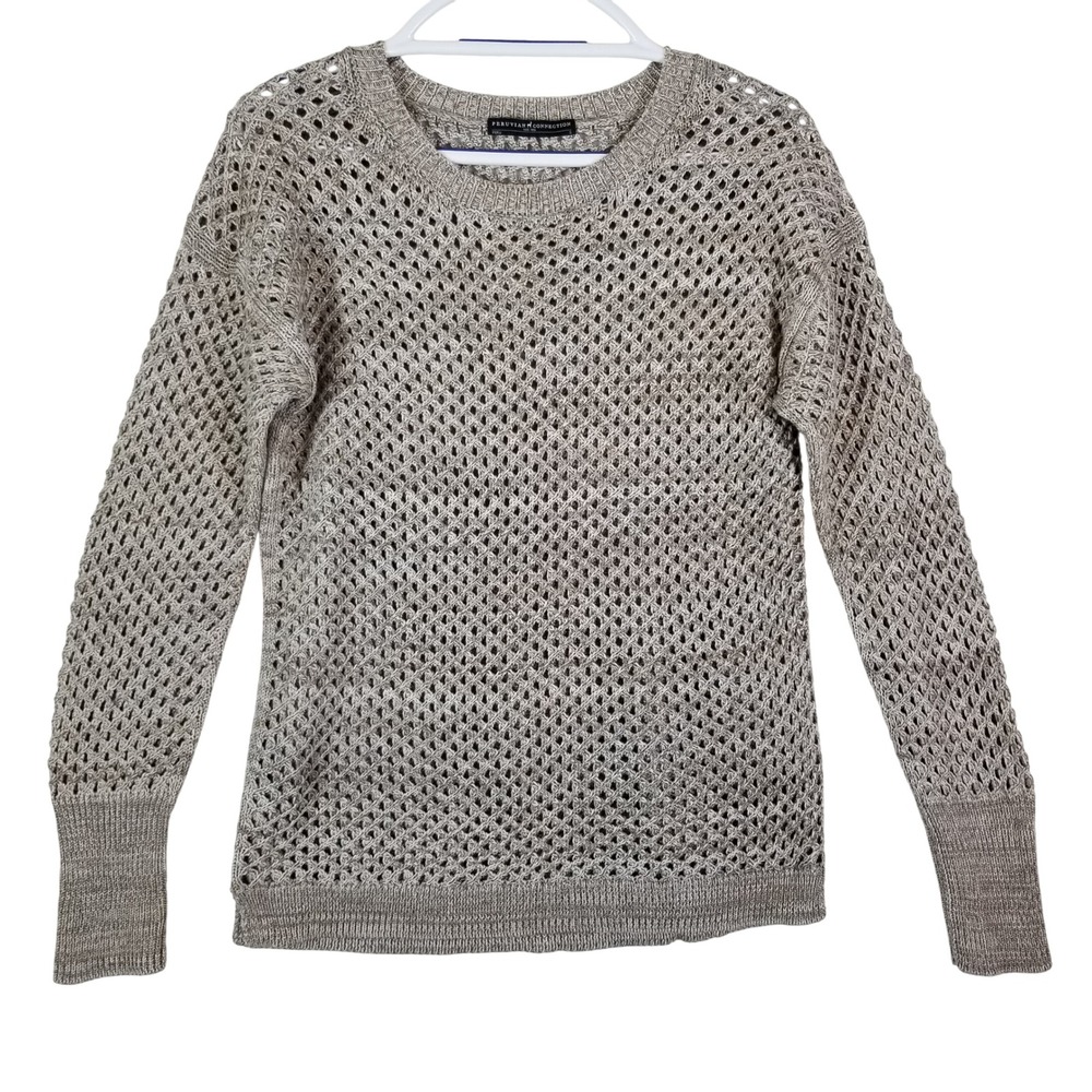 Peruvian Connection Pima Cotton Open Knit Sweater Taupe Marl‎ Crew Neck Small